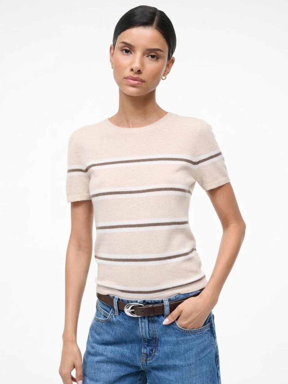 Staud Easy Cashmere Tee in Whisper Stripe, Size Small